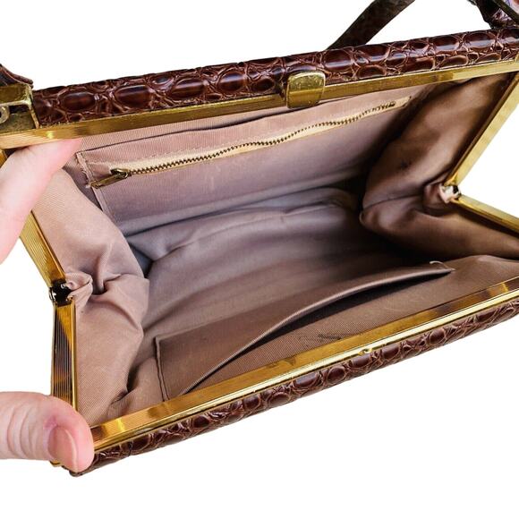 Vintage Lennox Moc Croc Purse Textured Leather Pocketbook Shoulderbag Brown Gold - Picture 10 of 12